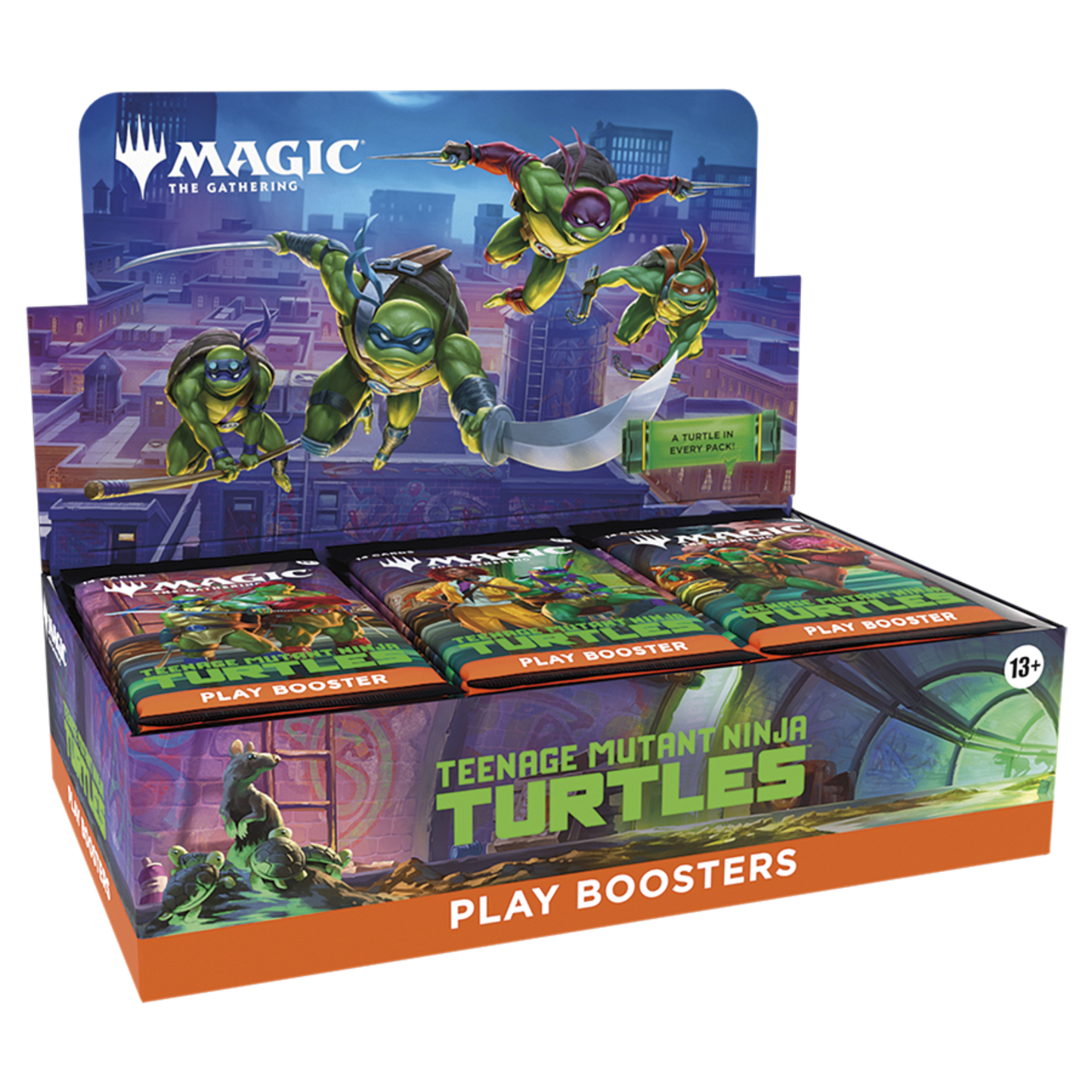 Magic The Gathering - Teenage Mutant Ninja Turtles TMNT Play Booster Display featuring colorful booster packs.