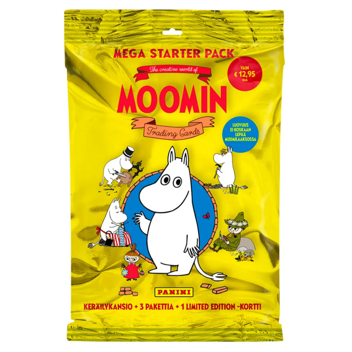 Moomin TC Mega Starter Pack 2026 with trading cards and collectible items in vibrant packaging.