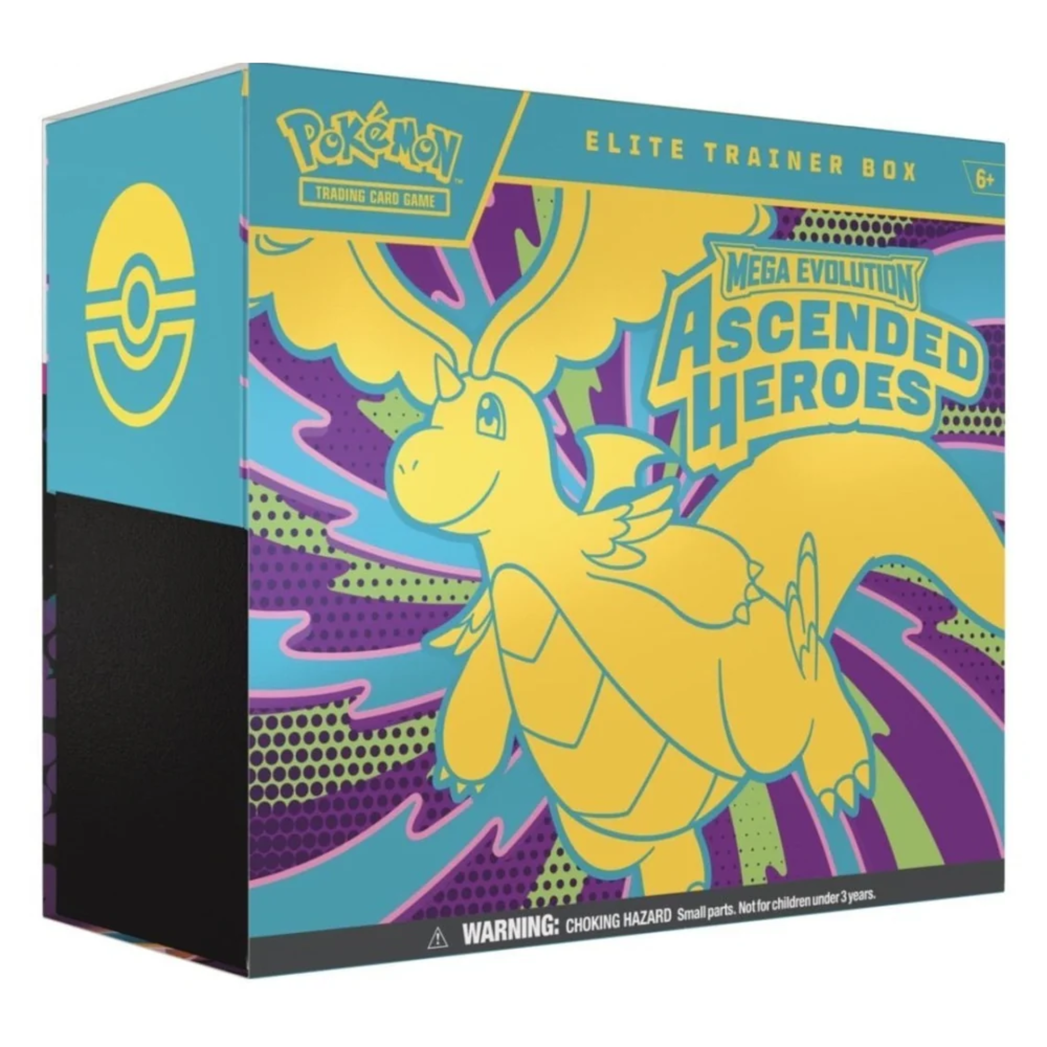 Pokemon Mega Evolution: Ascended Heroes Elite Trainer Box design featuring vibrant colors and Dragonite.