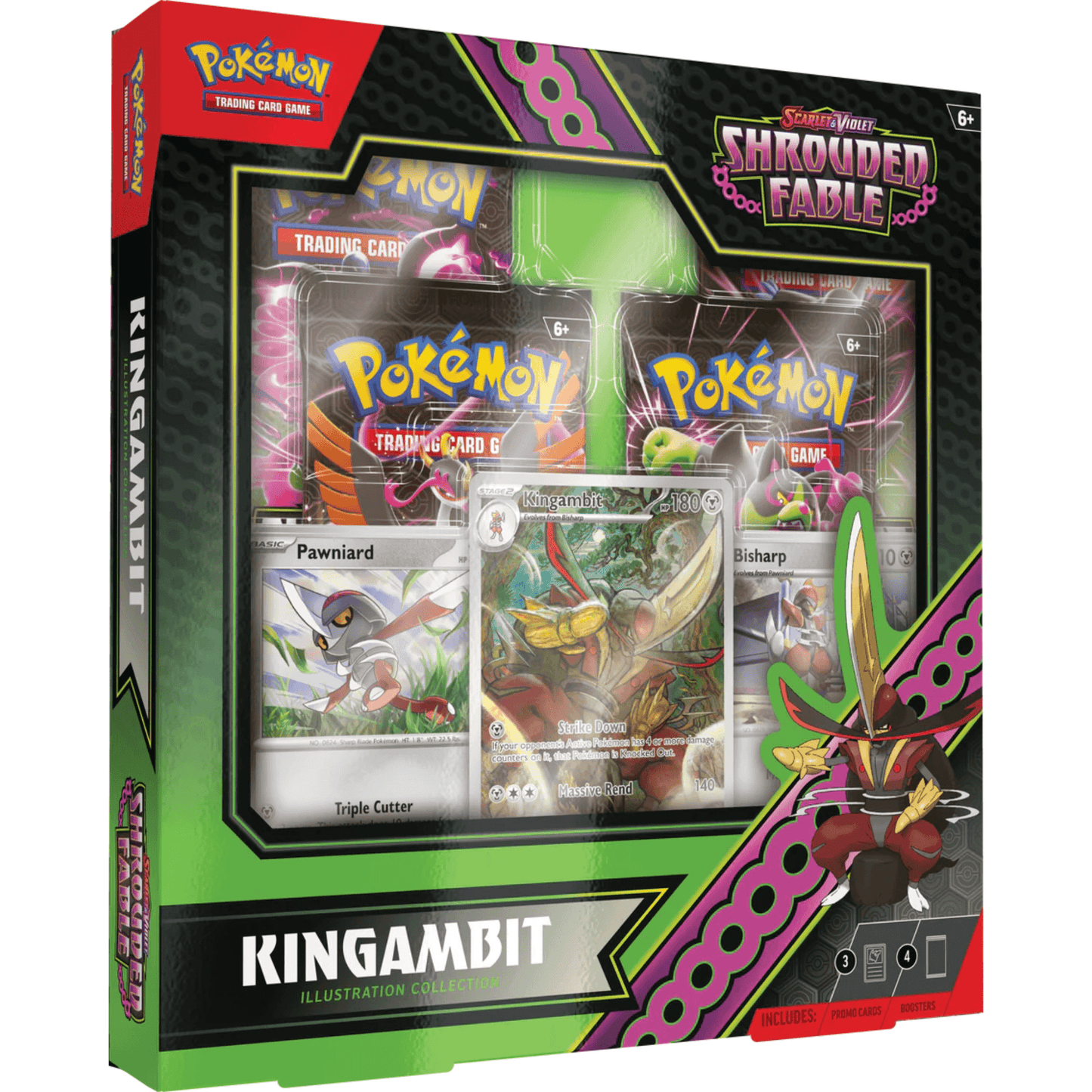 Pokémon Sv 6.5 Shrouded Fable Kingambit Illustrasjonskolleksjon med kort og boosterpakker.