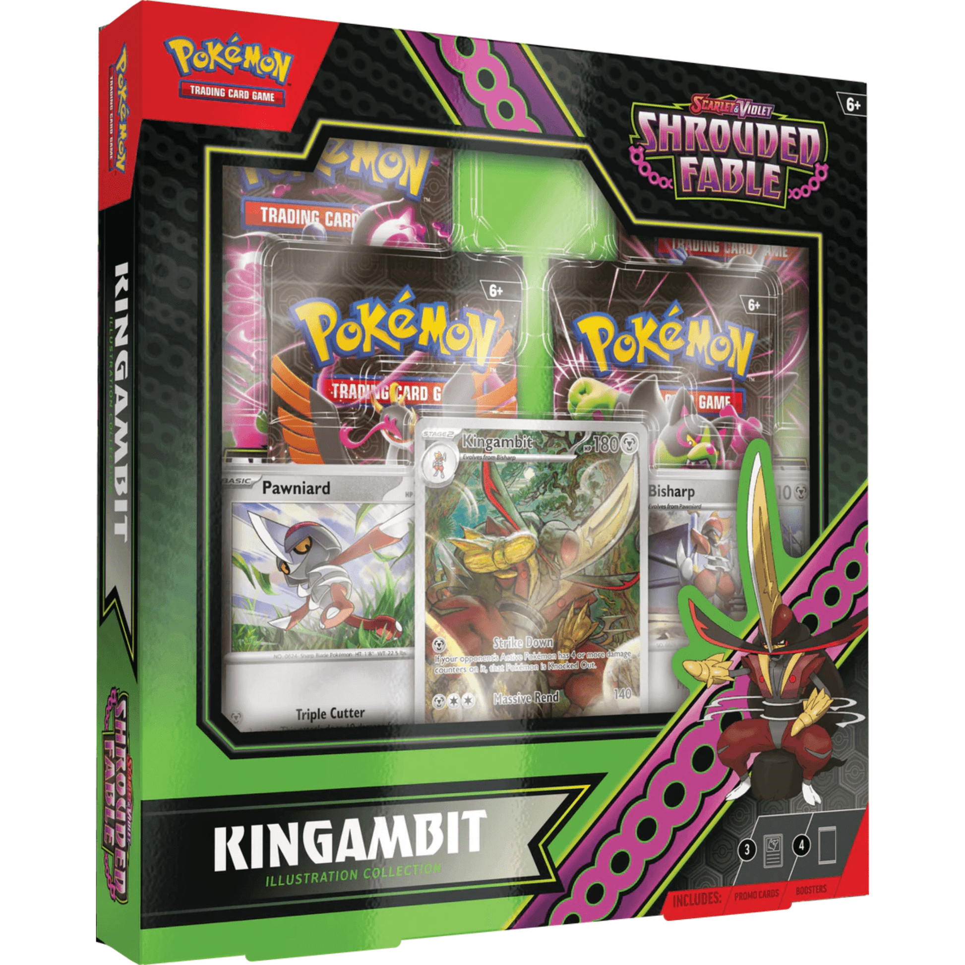 Pokémon Sv 6.5 Shrouded Fable Kingambit Illustrasjonskolleksjon med kort og boosterpakker.