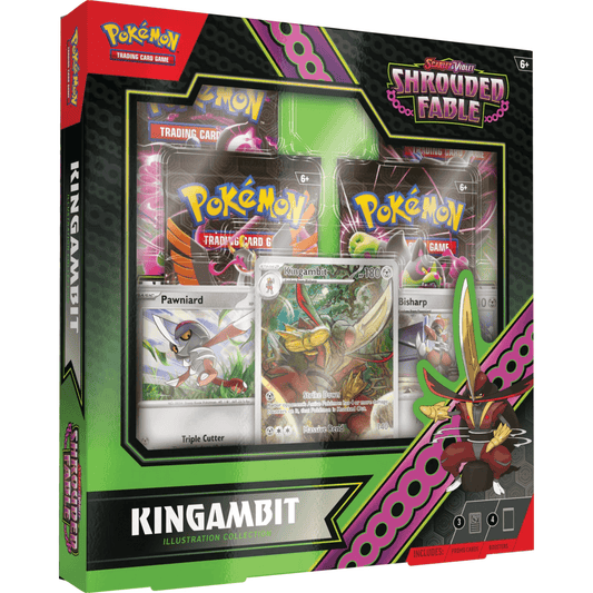 Pokémon Sv 6.5 Shrouded Fable Kingambit Illustrasjonskolleksjon med kort og boosterpakker.
