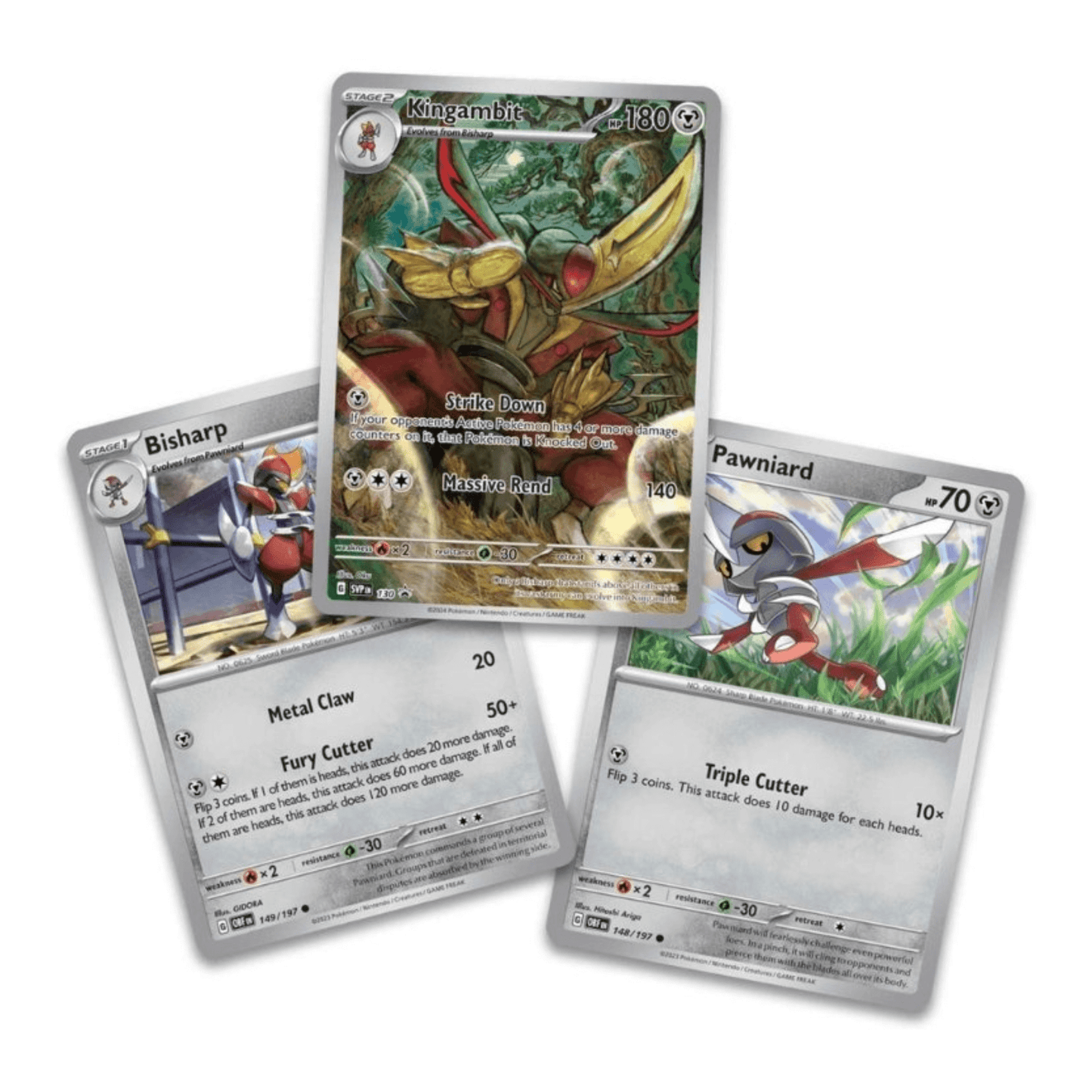 Pokémon Sv 6.5 Shrouded Fable Kingambit Illustrasjonskolleksjon som viser fram Kingambit, Bisharp og Pawniard.