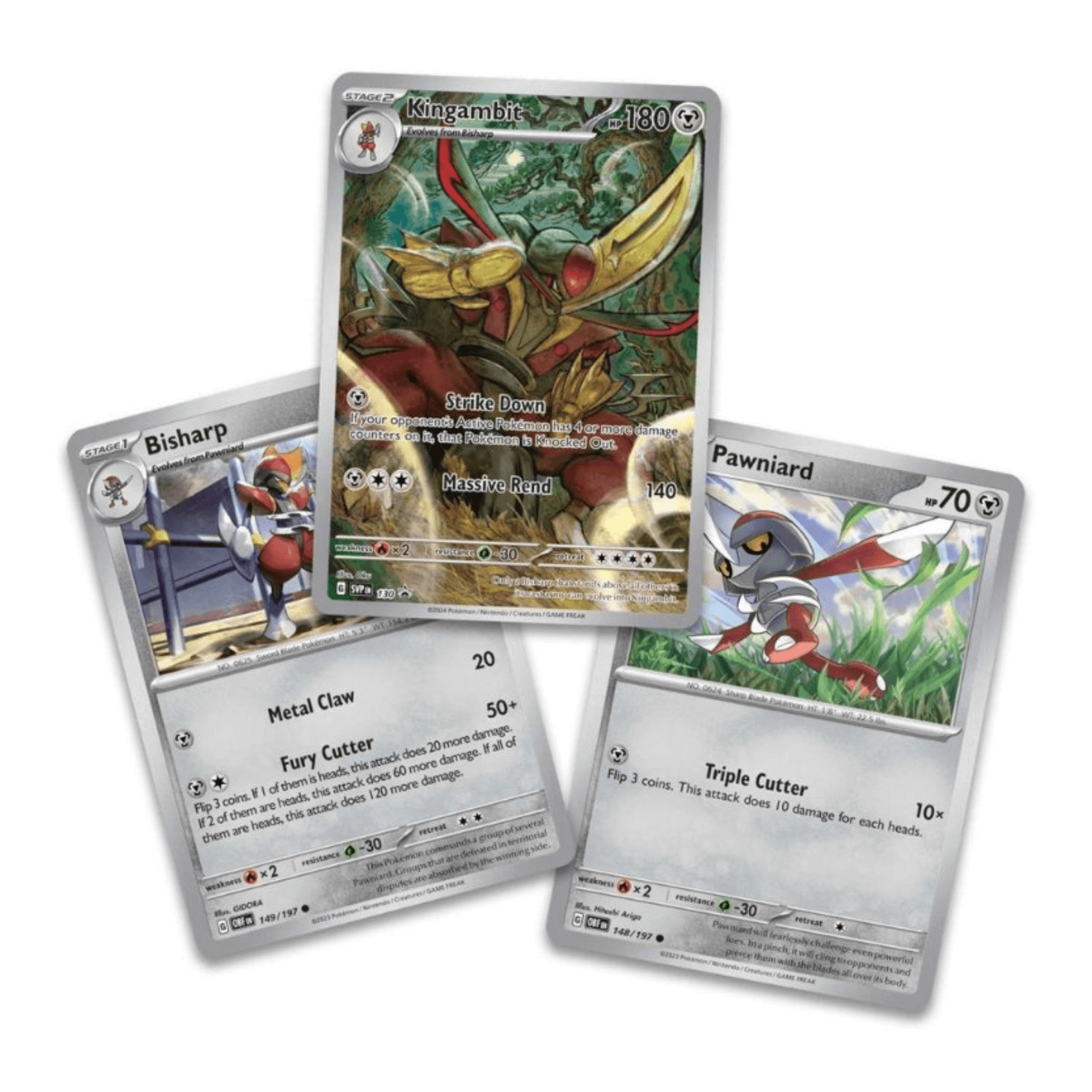 Pokémon Sv 6.5 Shrouded Fable Kingambit Illustrasjonskolleksjon som viser fram Kingambit, Bisharp og Pawniard.