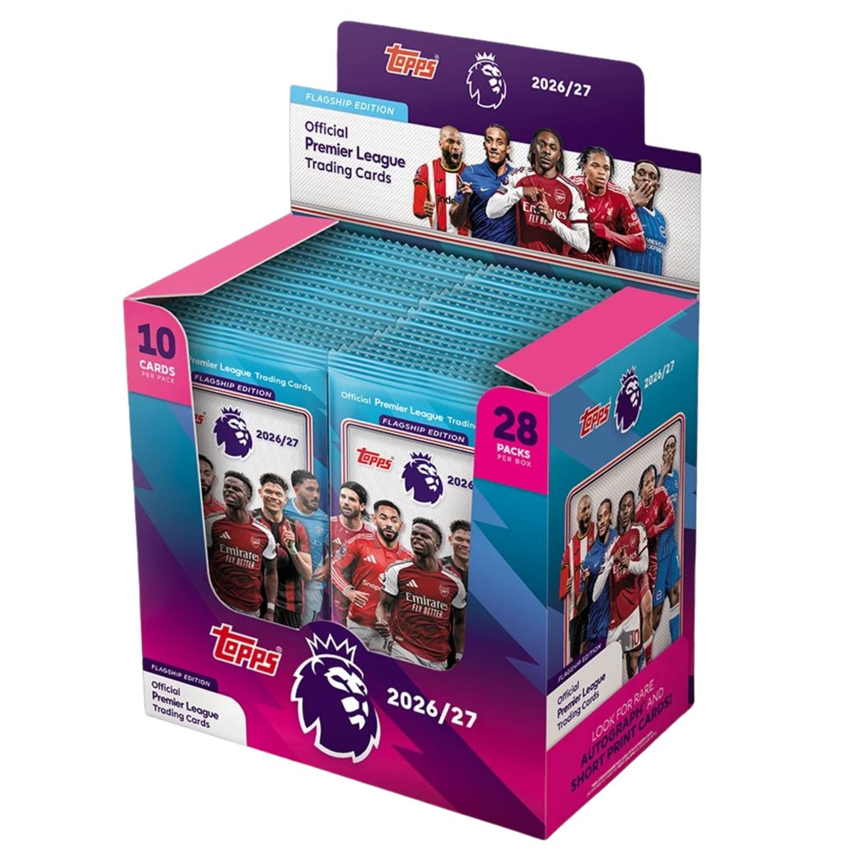 Topps Premier League 2026/27 booster display with trading card packs and star players.