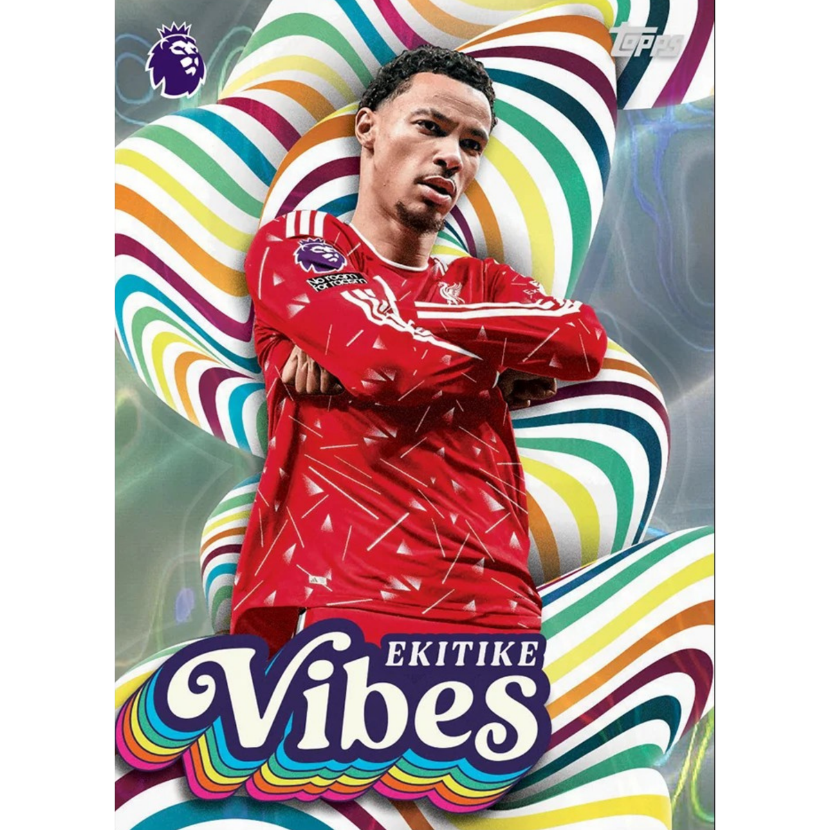 Topps Premier League 2026/27 booster display featuring player Ekitike with vibrant abstract background.