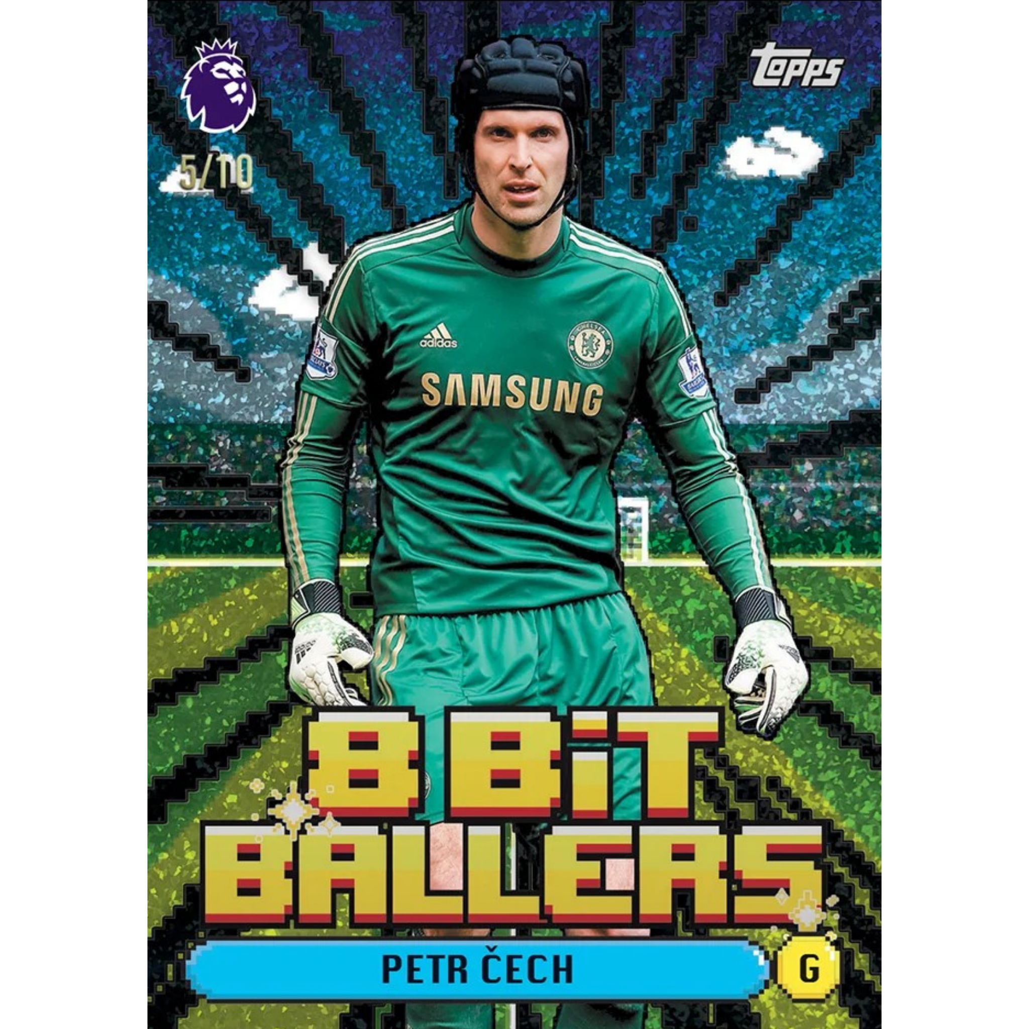 Topps Premier League 2026/27 booster display featuring 8 Bit Ballers Petr Čech card in vibrant design.