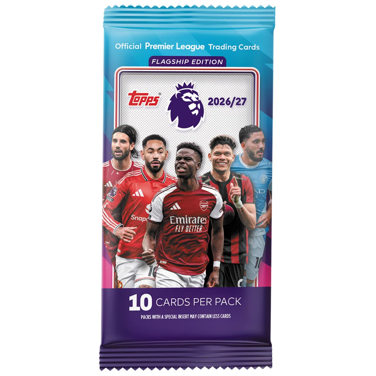 Topps Premier League 2026/27 booster display pack featuring trading cards and team players.